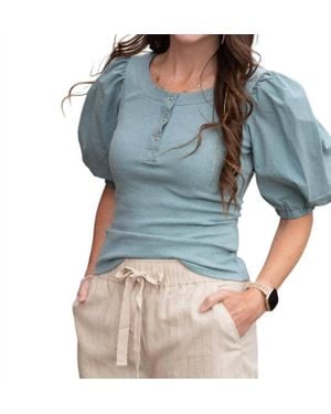 Bishop + Young Poplin Sleeve Henley Top - Blue
