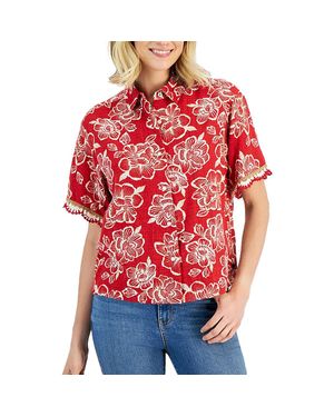 Nautica Crochet Trim Short Sleeve Button-Down Top - Red