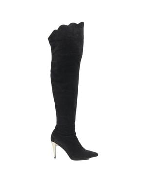 Versace Gianni Suede Scalloped Topline Heel Knee High Boot Eu37 - Black
