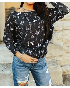 Lucky & Blessed Cactus Cowboy Ribbed Long Sleeve Dolman Top - Blue