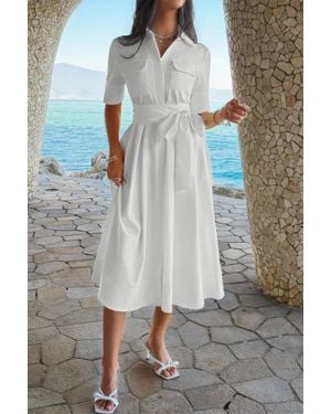 TRUEDAMES Solid Pocket Turn Down Collar A Line Dress - Gray
