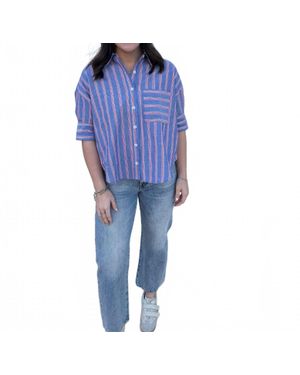 J joy Stripe Button Short Sleeve Top - Blue