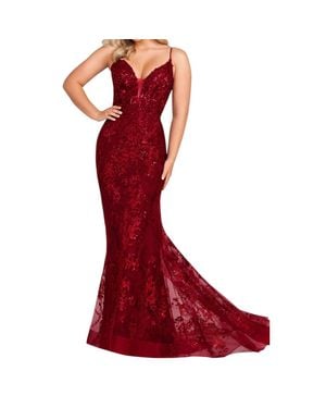 Ellie Wilde Beaded Lace Trumpet Evening Dress - Red