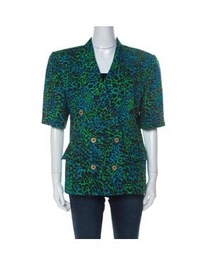 ESCADA Bicolor Leopard Print Cotton Short Sleeve Double Breasted Blazer - Green