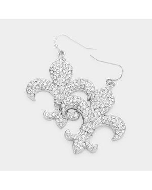 Fashnzfab Rhinestone Embellished Metal Fleur De Lis Dangle Earrings - White