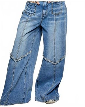 Pol Vintage Washing Solid Back Elastic Band High Rise Wide Pants - Blue