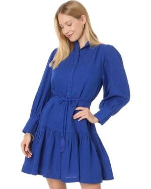 Lilly Pulitzer Drena Dress 100% Linen Tassel-Tie Ruffle Gbo1221 - Blue