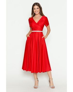 TRUEDAMES V-Neck Short Sleeve Midi Dress With Rhinestone Waistband And Pockets - Red