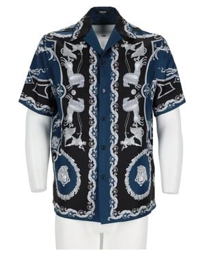 Versace Multicolor Baroque Print Short-Sleeve Silk Shirt - Blue