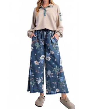 Easel Floral Print Drawstring Palazzo Pants - Blue