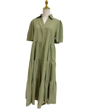In February Flutter Sleeve Button Down Shirt Midi Dress - Green