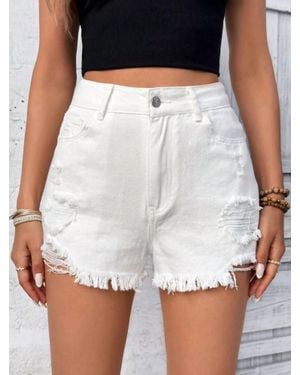 Trendsi Distressed High Rise Denim Shorts - White