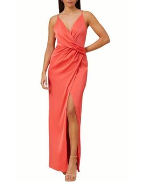 Aidan Mattox V-Neck Draped Front Slit Satin Dress - Red