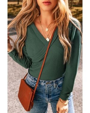 TRUEDAMES Ish Waffle Knit Slim Fit Wrap V Neck Bodysuit - Green