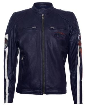 Infinity Leather Classic Striped Racing Leather Jacket- Barcelona - Blue