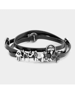 Fashnzfab Message Disc Cluster Evil Eye Hamsa Hand & Elephant Faux Leather Wrap Bracelet, Burnished - Black