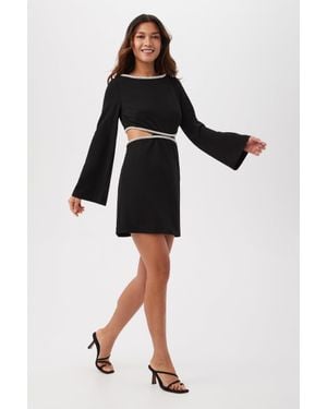 Trina Turk Sabia Long-Sleeve Crepe Knit Dress With Rhinestone Trim And Waist Cutouts - Black