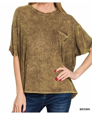 Zenana Oversized Acid Wash Ribbed Short Sleeve Top - Brown