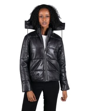 TruClothing Short Hooded Leather Puffer Jacket - Black