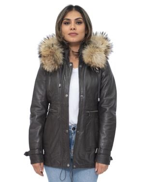 Infinity Leather Leather Hooded Parka Jacket-Putian - Gray