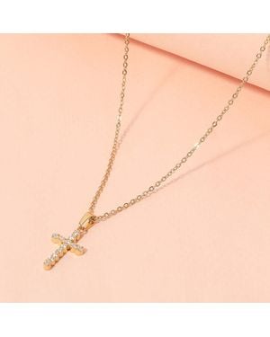Fashnzfab Secret Box_Stainless Steel Stone Paved Cross Pendant Necklace - Natural