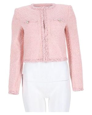 Self-Portrait Cropped Textured Boucle Jacket With Decorative Button Accents - Pink