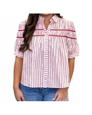 Karlie Striped Elastic Knit Short Sleeve Button Down Top - Red