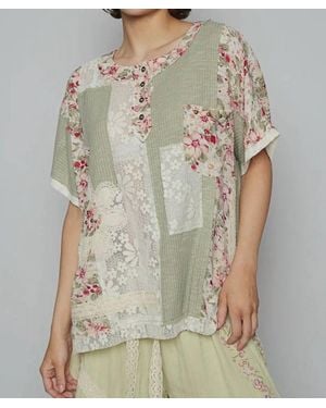 Pol Sheer Strip Floral Patch Oversize Top - Natural
