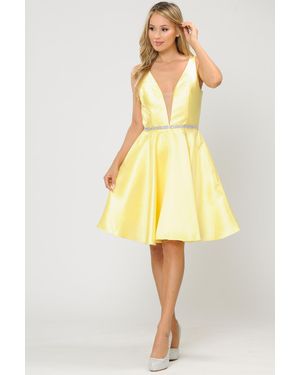 TRUEDAMES Short Plunging V-Neckline Mikado Bridesmaid Dress - Yellow