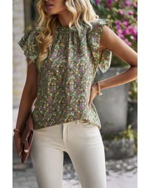 Fashnzfab Floral Mock Neck Ruffle Short Sleeve Shirt - Green