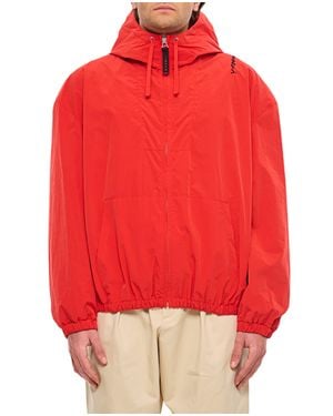 Marni Hooded Crinkled Nylon Jacket With Handcrafted Embroidery - Red