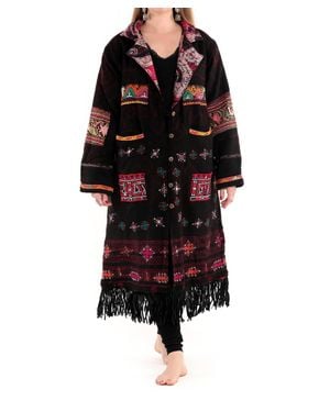 StandAwt Hand-Embroidered Patches Merino Wool Coat - Black