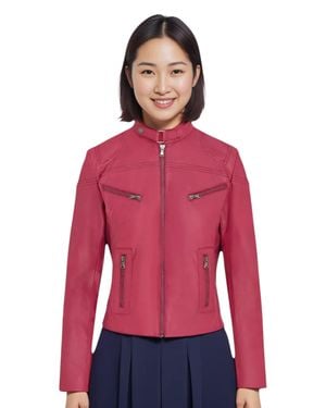 Infinity Leather Casual Slim-Fit Leather Biker Jacket-Tulsa - Red