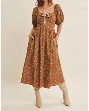In February Golden Hour Floral Puff Sleeve Midi Dress With Pockets - Brown