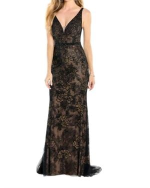 Montage by Mon Cheri Beaded Lace Plunging Neck Dress - Black