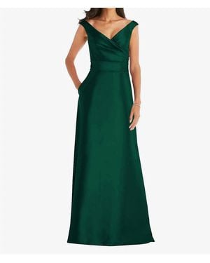 Alfred Sung Off Shoulder Draped Wrap Satin Maxi Dress - Green