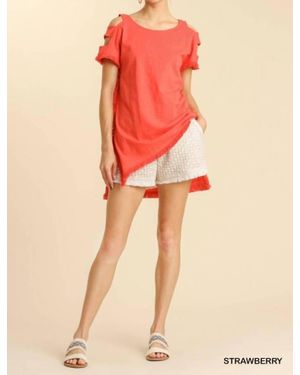 Umgee Short Sleeve High Low Tunic Top With Fringed Hems - Orange