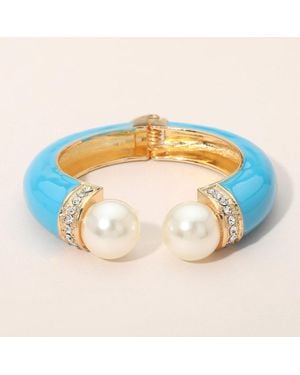 Fashnzfab Plated Pearl Tip Enamel Hinged Cuff Bracelet - Metallic
