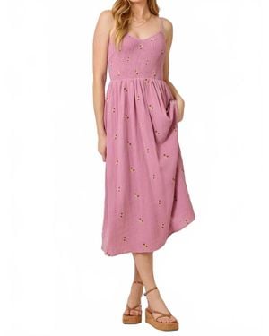 Mystree Lottie Embroidered Smocked Midi Dress - Pink