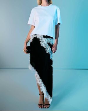 Endless Rose Asymmetrical Lace Trim Midi Skirt - Blue