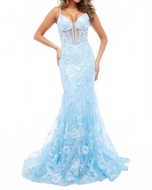 Jasz Couture Applique Mermaid Dress With Lace-Up Back - Blue