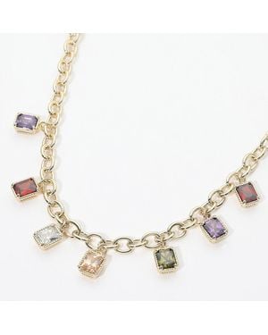 Fashnzfab 14K Plated Colorful Rectangle Cz Charm Station Necklace - Metallic
