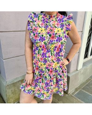 Jodifil Floral Print Frill Neckline Baby Doll Dress - Blue