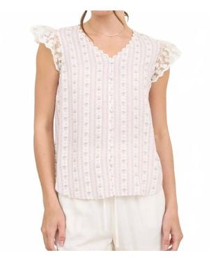 Mine Stripe Floral V Neck Lace Trim Top - White