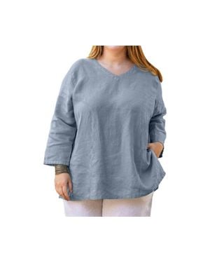 On The Plus Side Linen 3/4 Sleeve V-Neck Top - Blue