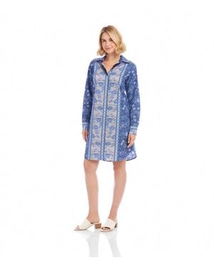 Karen Kane Long Sleeve Border Print Shirtdress - Blue