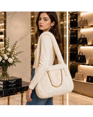 Fashnzfab Solid Plush Faux Fur Shoulder Tote Bag - Natural