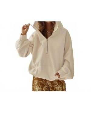 Bibi Stitch Detailed Elastic Hem Half Zip Fleece Hoodie - Natural