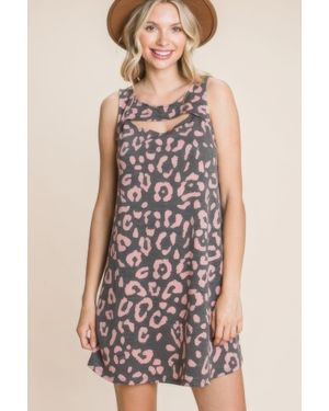TRUEDAMES Cute Animal Print Cut Out Neckline Sleeveless Tunic Dress - Natural