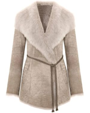 Bigardini Toscana Shearling Jacket With Luxurious Fur Collar And Tailored Belted Waist - Natural